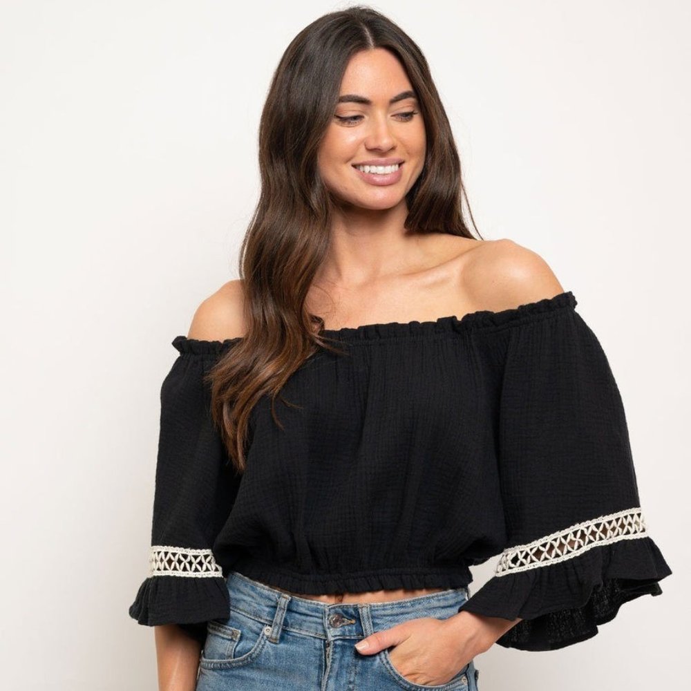 NWT My Story Off Shoulder Bell Sleeve Top Black with White Embroidery